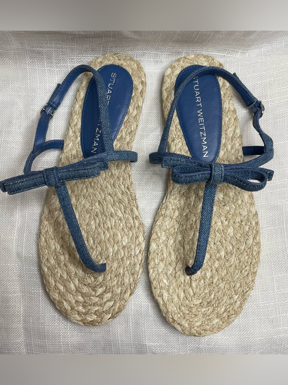 Stuart Weitzman Navy Blue Denim Espadrille Bow Toe-Post Sandals Sz 9